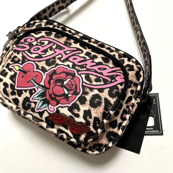 Ed Hardy Tattoo Crossbody Bag Leopard Animal Print Punk Rock Brown Rose Heart - Picture 1 of 10